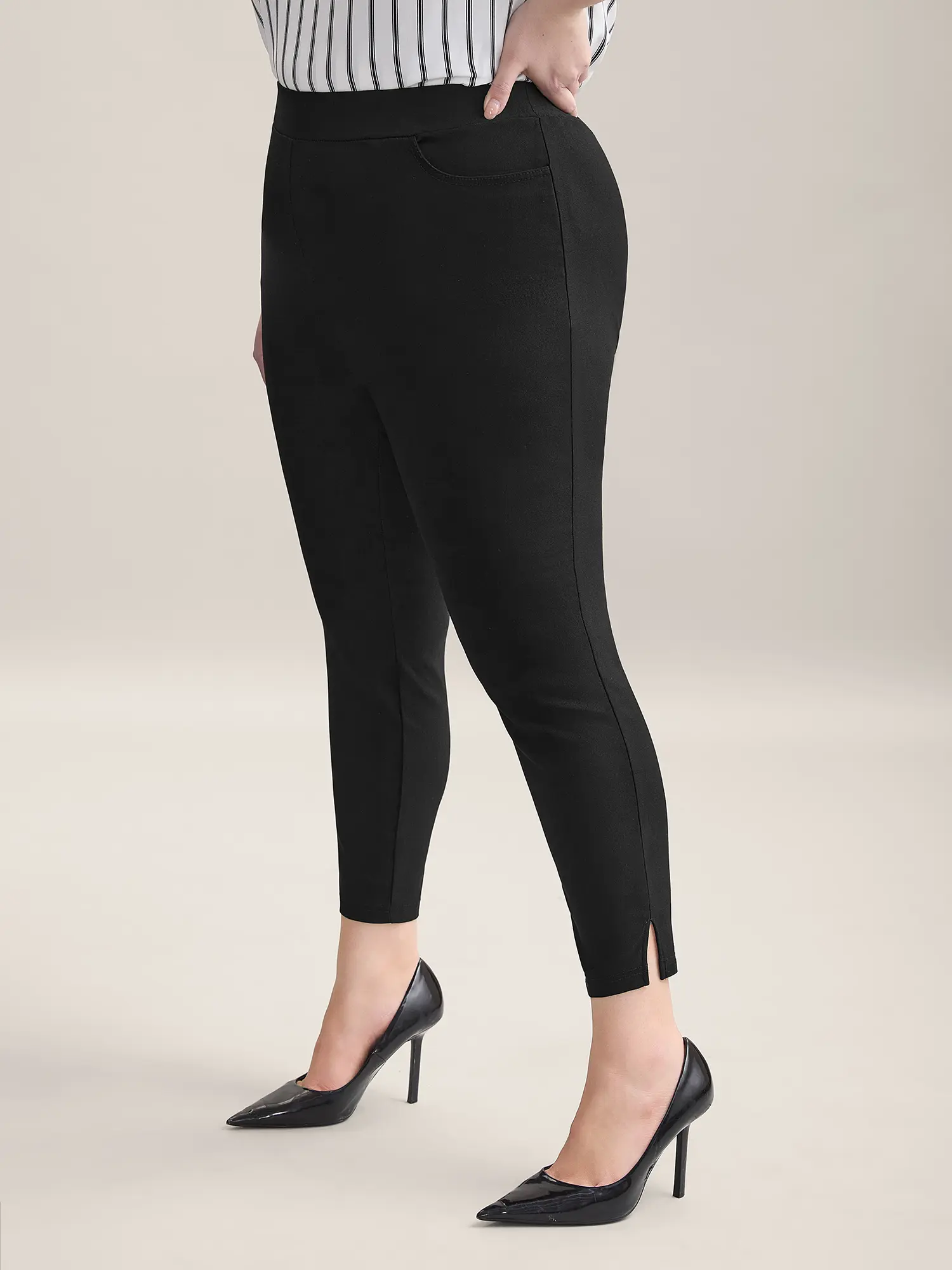 BLOOMCHIC Women's Plus Size Spandex Bottoms - Mid-Rise Skinny Full-Length Smooth Fabric Garment with Split Hem, Slanted Pockets, Butt-Lifting Fit, Basic Black Corporate Office Work Pants [M-6X] Summerfinds