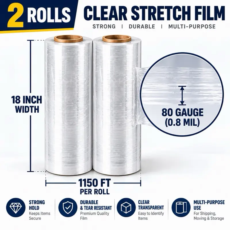 Heavy Duty Clear Stretch Film - 80 Gauge, 2 Rolls, 1150 ft per Roll, Pallet Wrap for Moving, Packing