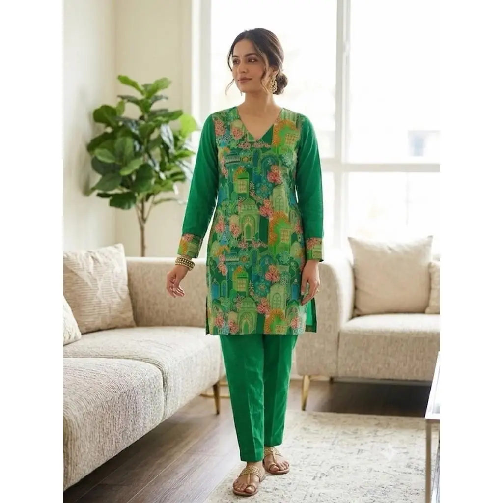 Women's Printed Kurta Set with Trousers Elegant Ethnic Two-Piece Outfit Casual V-Neck Kurti Traditional Festive Wear in Green M L XL XXL