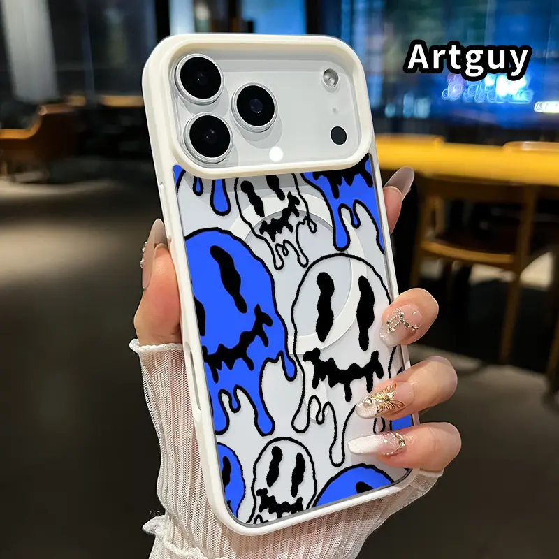 Magnetic Phone case for iPhone 17 16  Pro Max Plus 15 14 13 12 11 Air E Twisted smiley face Pattern Non-Yellowing Shockproof Soft Silicone Transparent Acrylic Cover Supports Wireless Charging