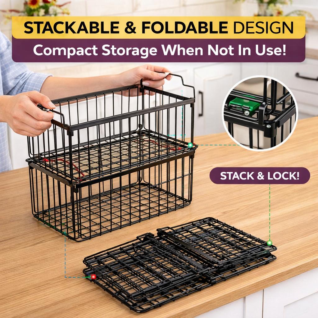 Upgraded Freezer Organizer Bins 2 4 6 8 Pack Max Capacity Stackable Baskets for 5 7 Cubic Feet Deep Freezer Foldable Storage Rack Heavy Duty Rust Proof Metal Wire Bins Airflow Design for Frozen Food Meat Kitchen Pantry Refrigerator Space Saving Organizer