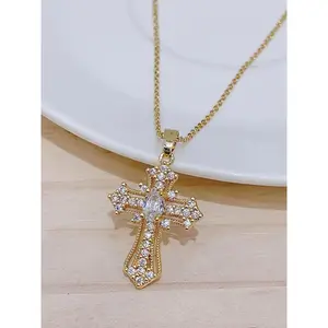 Rhinestone Cross Pendant Necklace For Women For Gift, Coptic Cross Necklace, Clavicle Chain Necklace, Fashion All-match Accessory