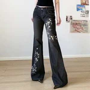 Printed Embroidered Jeans Retro 2000s Low Waist Trumpet Jeans Women's Retro Loose Cowboy Pants High Street Basic Pants Minimalist Black Beige Pocket Streetwear Women's Underwear