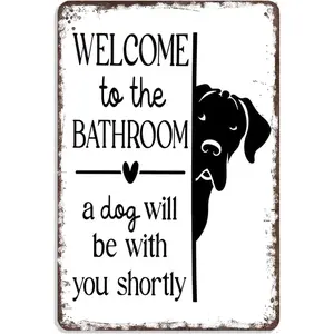 Funny Bathroom Dog Sign - "Welcome to the Bathroom A Dog Will Be with You Shortly" - Retro Vintage Metal Wall Decor - Heavy-Duty Aluminum Plaque - Easy Hang Pre-Drilled Holes - Bathroom, Entryway, Toilet Decoration - Pet Lover Gift - 8x12 Inch - No Wiring