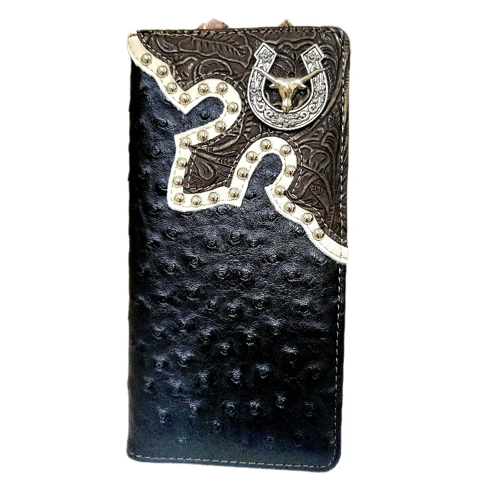 Longhorn horseshoe   Western wallet Cowboy wallet rodeo wallet Ostrich textured look faux leather bifold wallet embossed black.