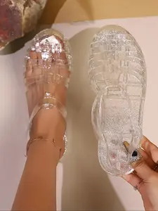 Women's New Transparent Flat Roman Glitter Decorated Sandals, Summer Breathable Hollow Design for Beach & Outdoor Activities, Best Casual Jelly Shoes Choice