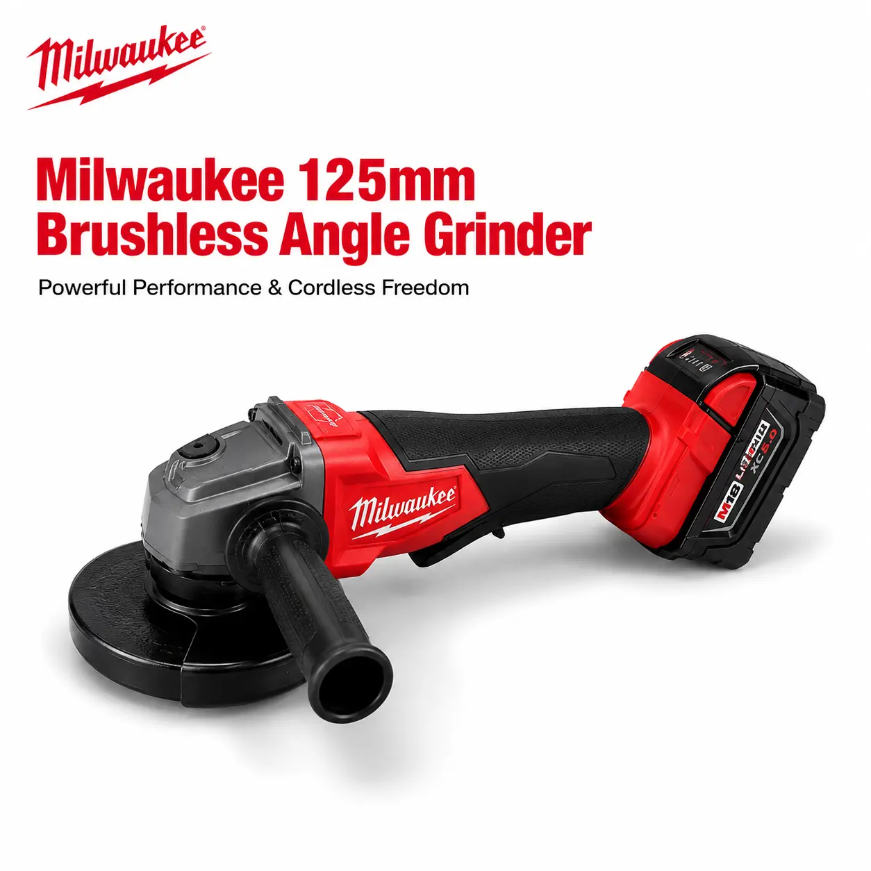 Milwaukee M18 125mm Brushless Cordless Angle Grinder Power Tool 9500RPM 5 Inch Disc M10/M14 Spindle For Metal Cutting Grinding Polishing Rust Removal Stone Masonry Work With Battery And  Charger Kit