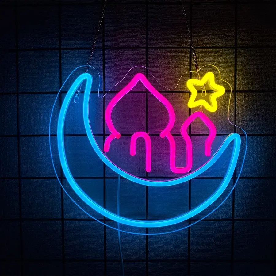Moon Castle Neon Sign Ramadan Festival Lighted Window Decorations LED Neon Signs for Wall Decor Neon Sign LED Light for Girls Kids Bedroom Wall Home