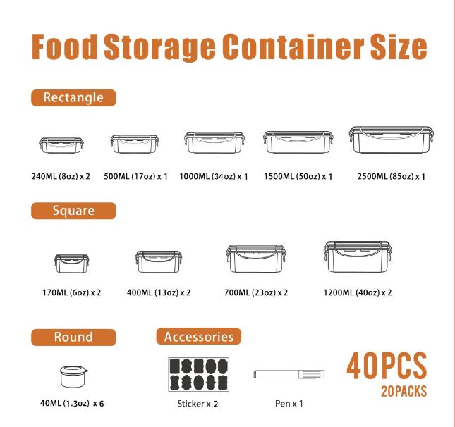 AISOON 40 PCS 85Oz Airtight Food Storage Set (20 Containers & Lids), BPA-Free,Leakproof, Microwave-Safe,for Kitchen Organization, Fruit Organizer Snackboxcontainer Square