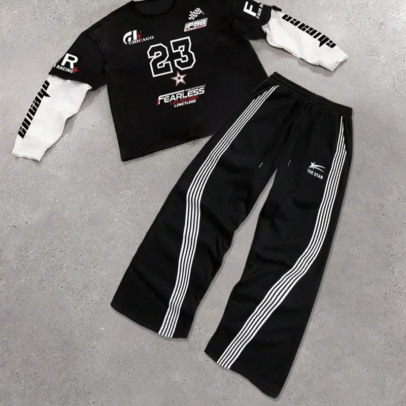 Men's Regular Fit 2 in 1 Striped Graphic Tee & Drawstring Waist Sweatpants Set, Casual Street Round Neck Long Sleeve Top & Pocket Pants, Men's Spring & Fall Clothes, Men's 2 Piece Set, Track Pants Set, Casual Matching Set, Casual Outfit Set