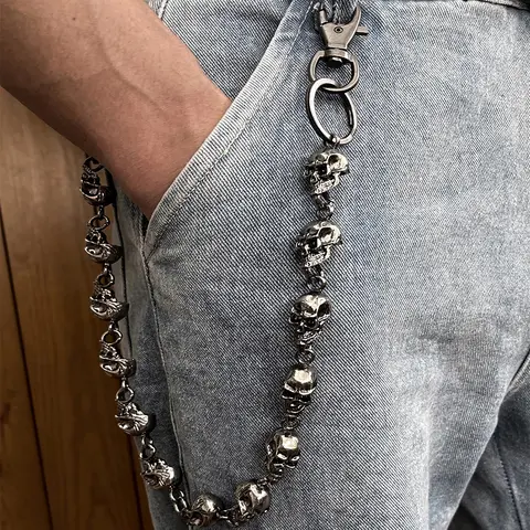 Men's Punk Gothic Biker Chain Wearable Jewelry - Metal Material, Classic Chain Silhouette, Skull Design, Vintage Retro Vibe, Modern Edge, Very Sturdy, 60cm 190g, Hooks on to Belt Loops for Pants Jeans Biker Wallets