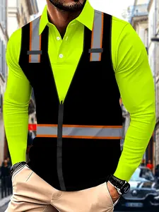 Men's 3D Digital Print Fluorescent Workwear, Classic Collar Casual Comfort Long Sleeve Polo Shirt, Fall Business Home Wear, Casual Design