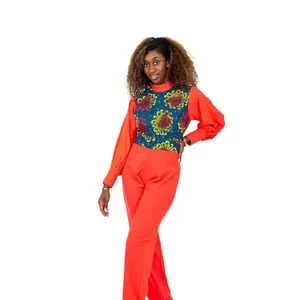 Smooth Visage Coral Red Ankara and Crepe Mix African Print Jumpsuit