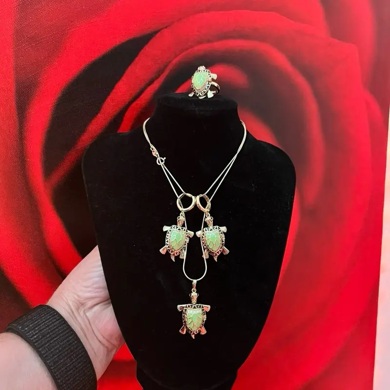 14k Gold Plated Elegant Set with Turtles Pendant, Earrings, Ring & Necklace on Display Stand