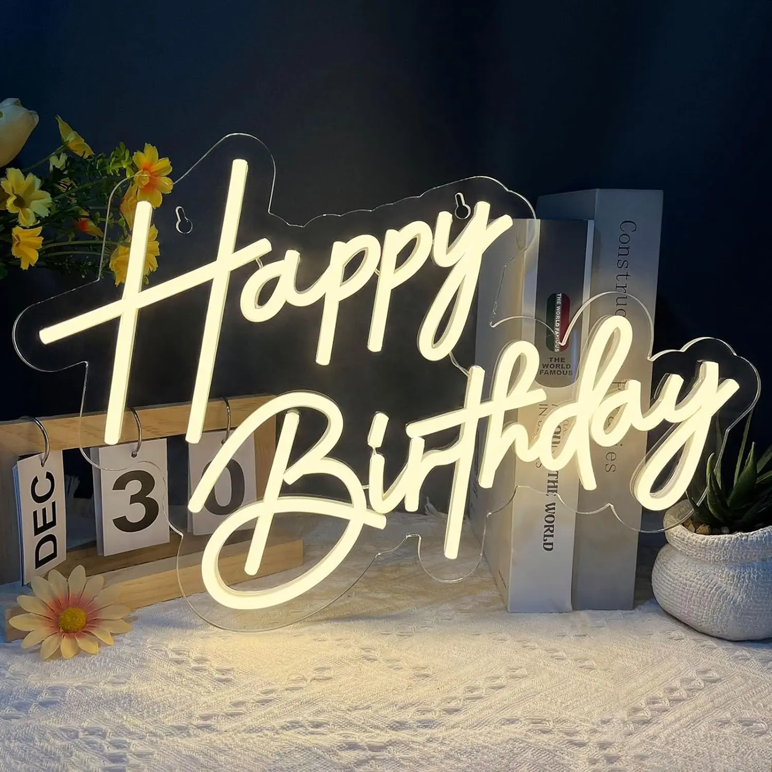 Happy Birthday Neon Sign for Wall Decor, Warm White LED Neon Light Signs, Art Decoration Happy Birthday Neon Light Sign for All Birthday Party Decoration with 2 count Pasters (17x12 Inch)