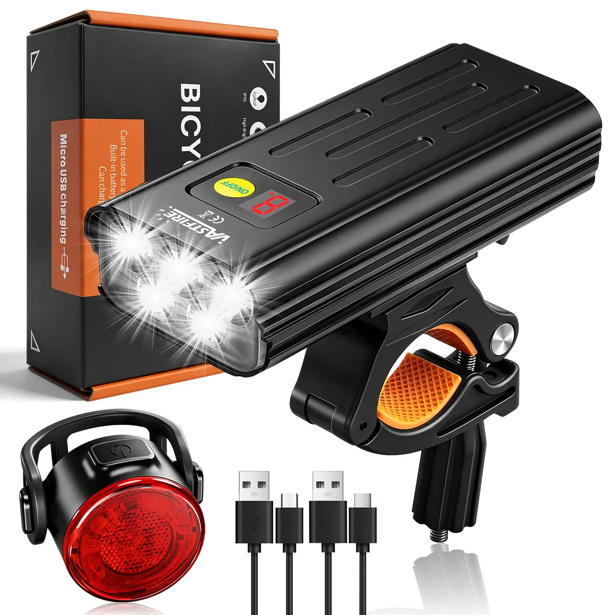 Ultra-Bright LED Bike Headlight & Taillight Set, USB-C Fast Rechargeable, 5-Mode, Lightweight Aluminum Bike Accessories, Waterproof, Compact, IPX5 Rated, 15° Rotating Stand, Safe Portable for Night Riding, Fits Ebikes, Bicycles, 5 Led White Led