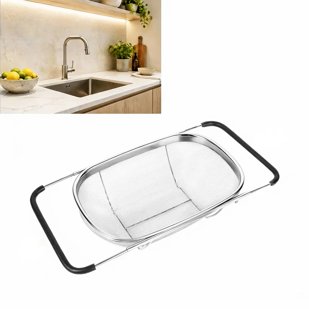 Adjustable-Handle Expandable Stainless Steel Metal Over-the-Sink Colander with Fine Mesh Holes, Non-Slip Kitchen Utensil for Vegetable, Fruit, Pasta Draining