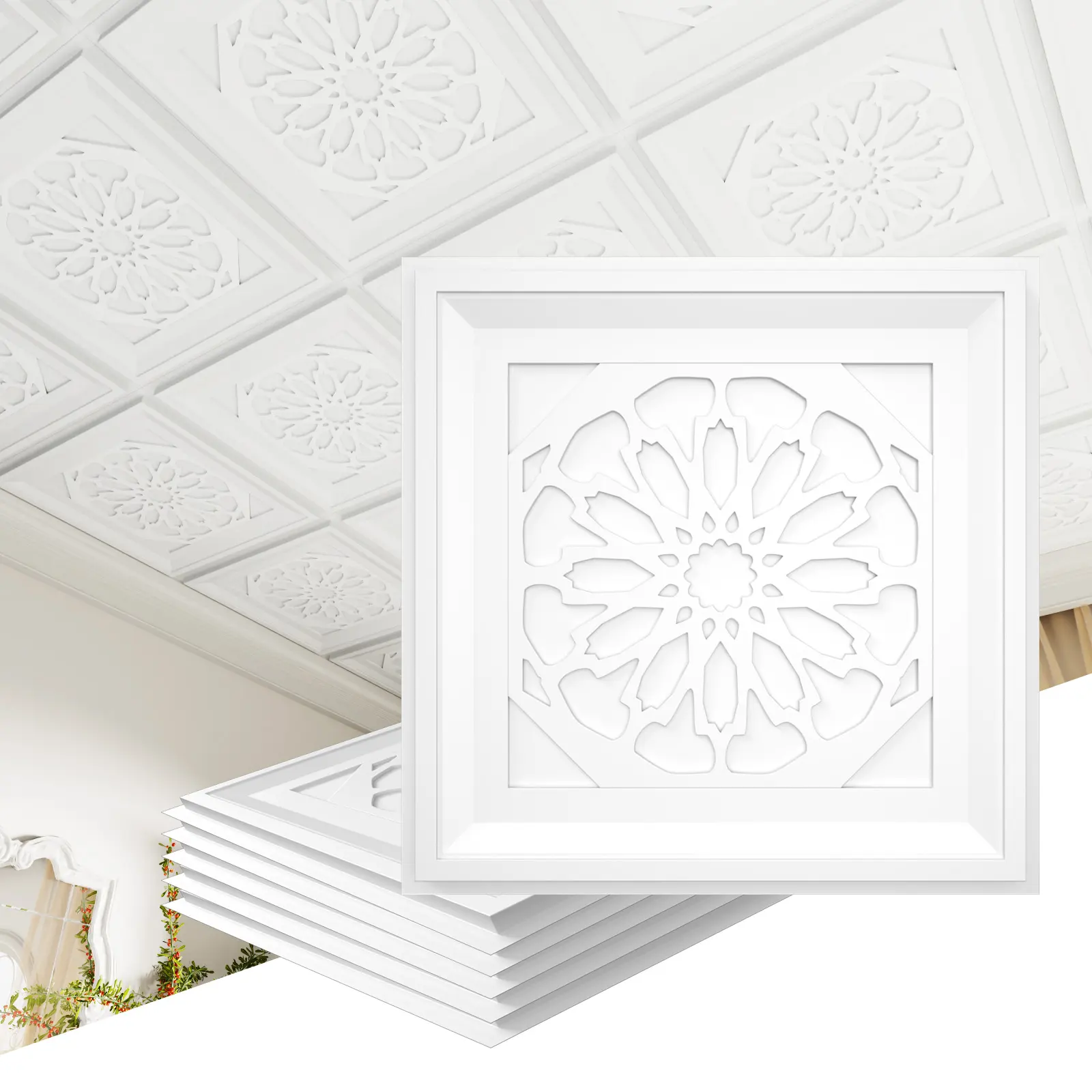 LOOYEE 24 PCS 2x2 FT Lightweight Openwork Tracery PVC Ceiling Tiles, 24x24 in Waterproof Warp-Resistant Cut-to-Size 3D Modern Minimalist Panels, Cut-to-Size/Artificial/Decorations 3D Wall Panels for Visual Interest (Covers 96 Sq.Ft)