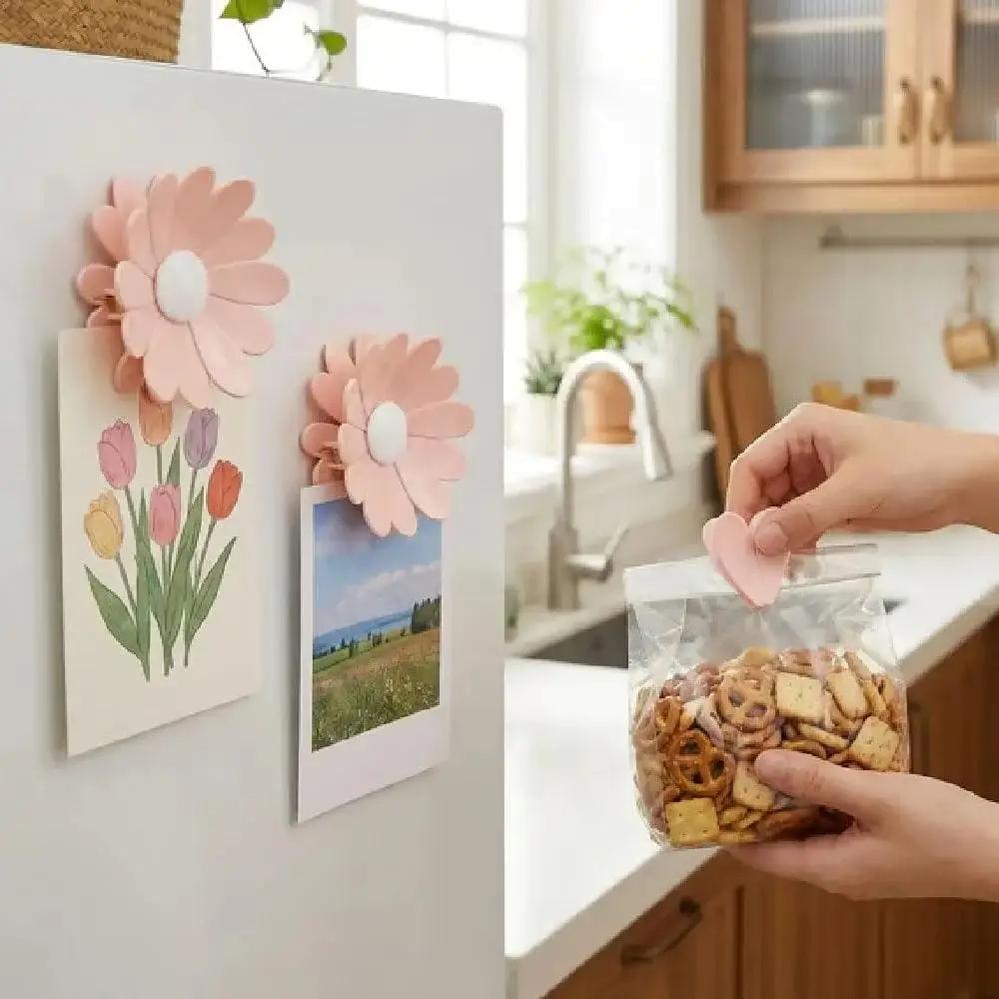 Aesthetic Cherry Blossom Fridge Magnetic Chip Clips| 6 Bag Clips + 1 Magnetic Base| Cute Food Sealing Clips for Snack Bread Pet Food Storage| Fridge Organizer Kitchen Decor Gift