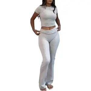 Casual Workout Two-Piece Set For Women Short Sleeve High Waist Folded Flared Pants Sportswear Streetwear(Gift)