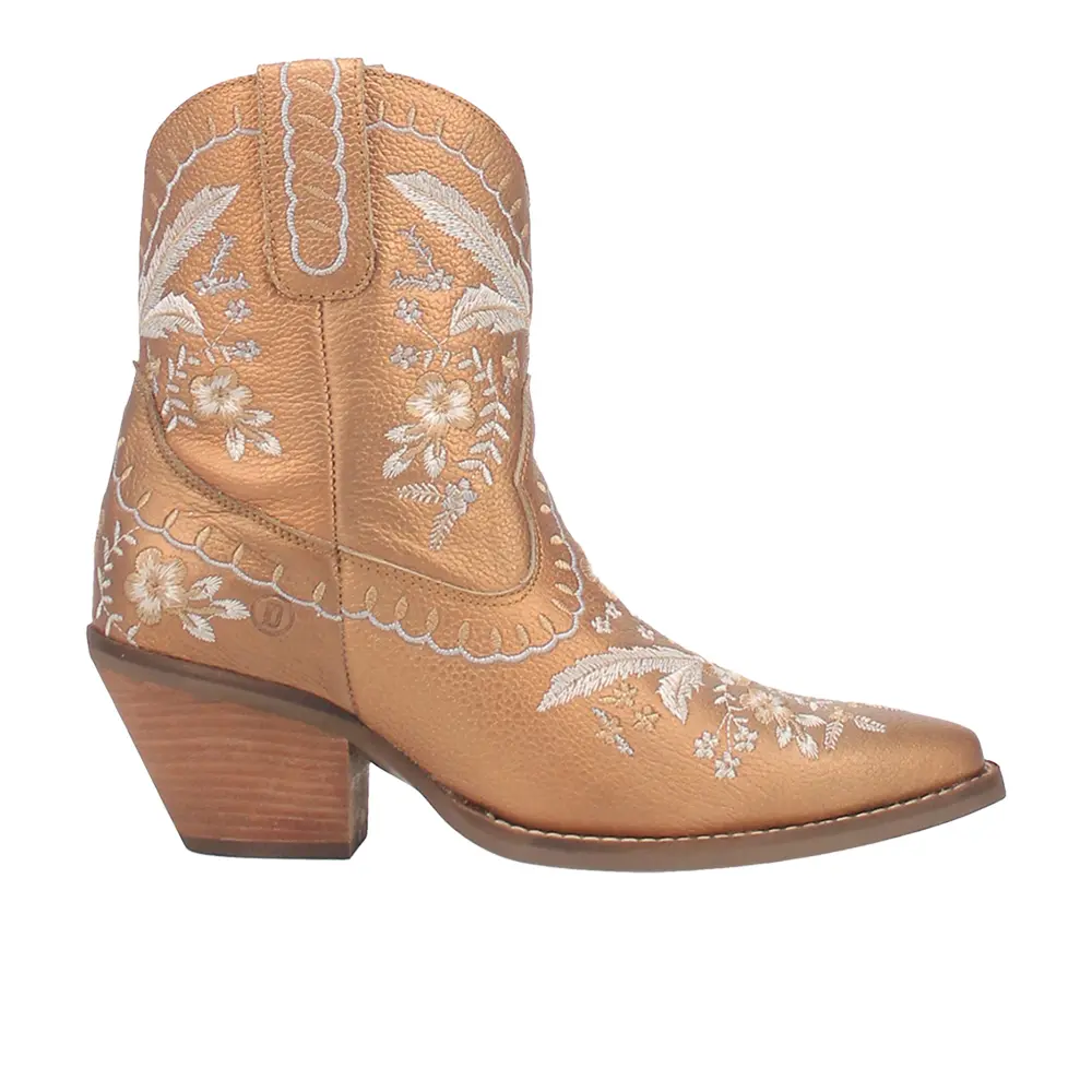Dingo Womens Primrose Floral Embroidered Metallic Pull On Snip Toe Casual Boots Ankle Mid Heel 2-3" - Brown Dingo Womens Primrose Floral Embroidered Metallic Pull On Snip Toe Casual Boots Ankle Mid Heel 2-3" - Brown