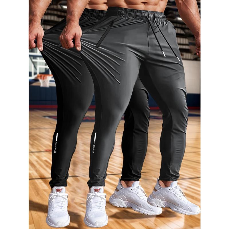 Men's 2-Pack Stretchable Joggers - 3/4 Length, 82.1% Polyester 17.9% Spandex Blend, High-Elasticity Elastic Waistband, Quick-Dry Slick Fiber, Breathable, Zip Pockets, All Seasons Active Pants for Running, Golf, Slogan-Infused