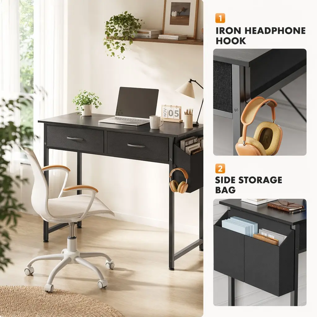 32" Small Computer Desk with Storage Draw, Mobile Computer Desk & Drawer Desk for Bedroom. Sturdy Metal Frame Writing Table with Bag & Hook. Versatile Home Office Study Desk, Easy Assembly