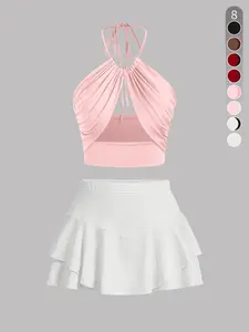 Two-Piece Set Women's Solid Color Crop Tank Top & Ruffle Trim Skirt, Casual Fashion Cozy for Daily Outdoor Wear, Ladies Summer Clothes