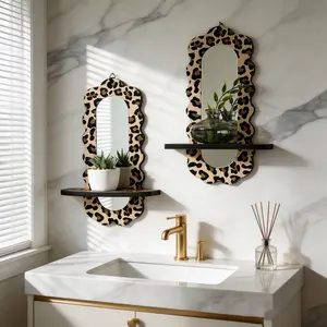 Wooden Round Lattice Shelf, Leopard Print Acrylic Mirror, Handcrafted Soft Color, Stable and Durable, Modern and Eye-Catching Home Decor