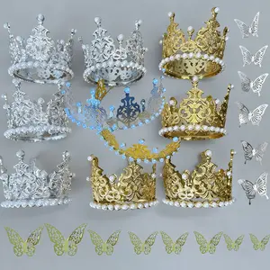 Creative Craft Decoration Set with Gold and Silver Butterflies, Crowns, Pearls | for Eternal Ribbon Rose, Cake Decor, Birthday Parties, and Artificial Flowers