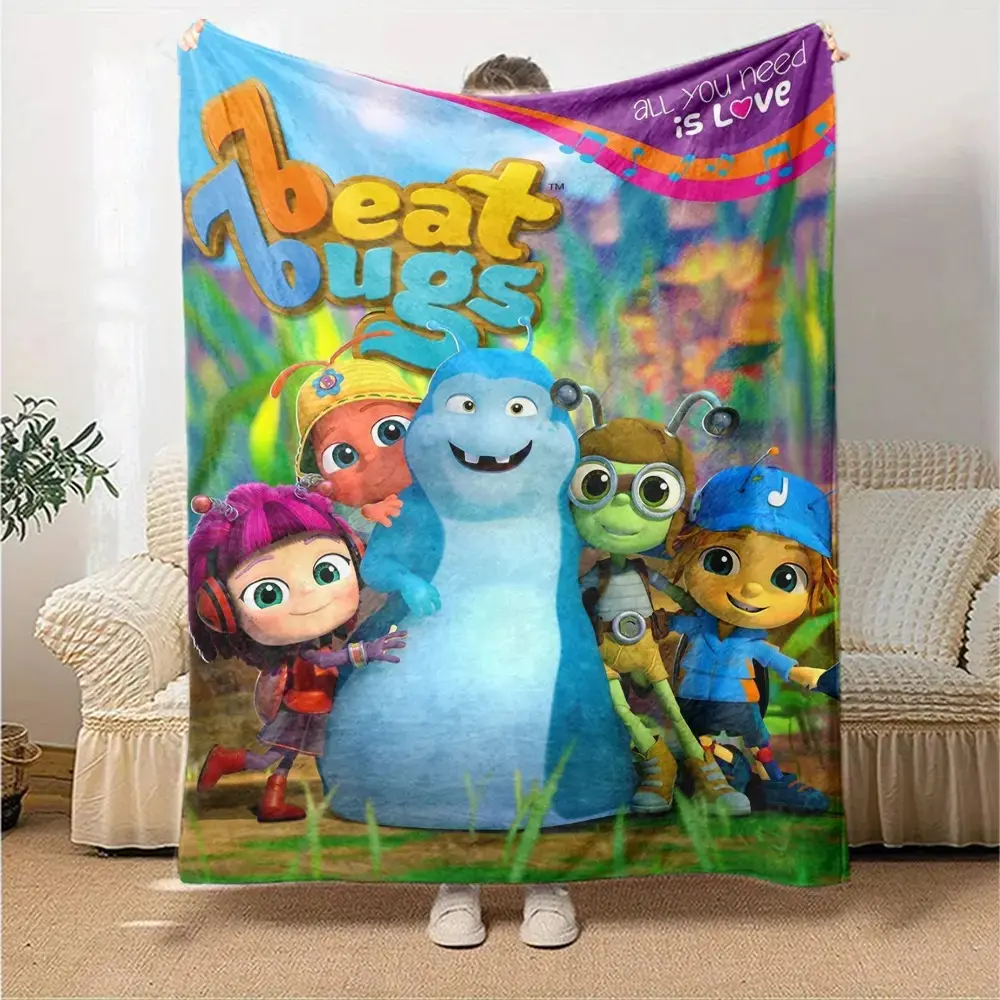 Beat Bugs Insect Cartoon Flannel Throw Blanket - Anti-Pilling, Contemporary, Woven Texture, Soft Lightweight Fleece, Vivid Bug Print, Warm Bed/Sofa Cover, Kids Bedroom Decor, Ideal Gift for Young Boys/Girls