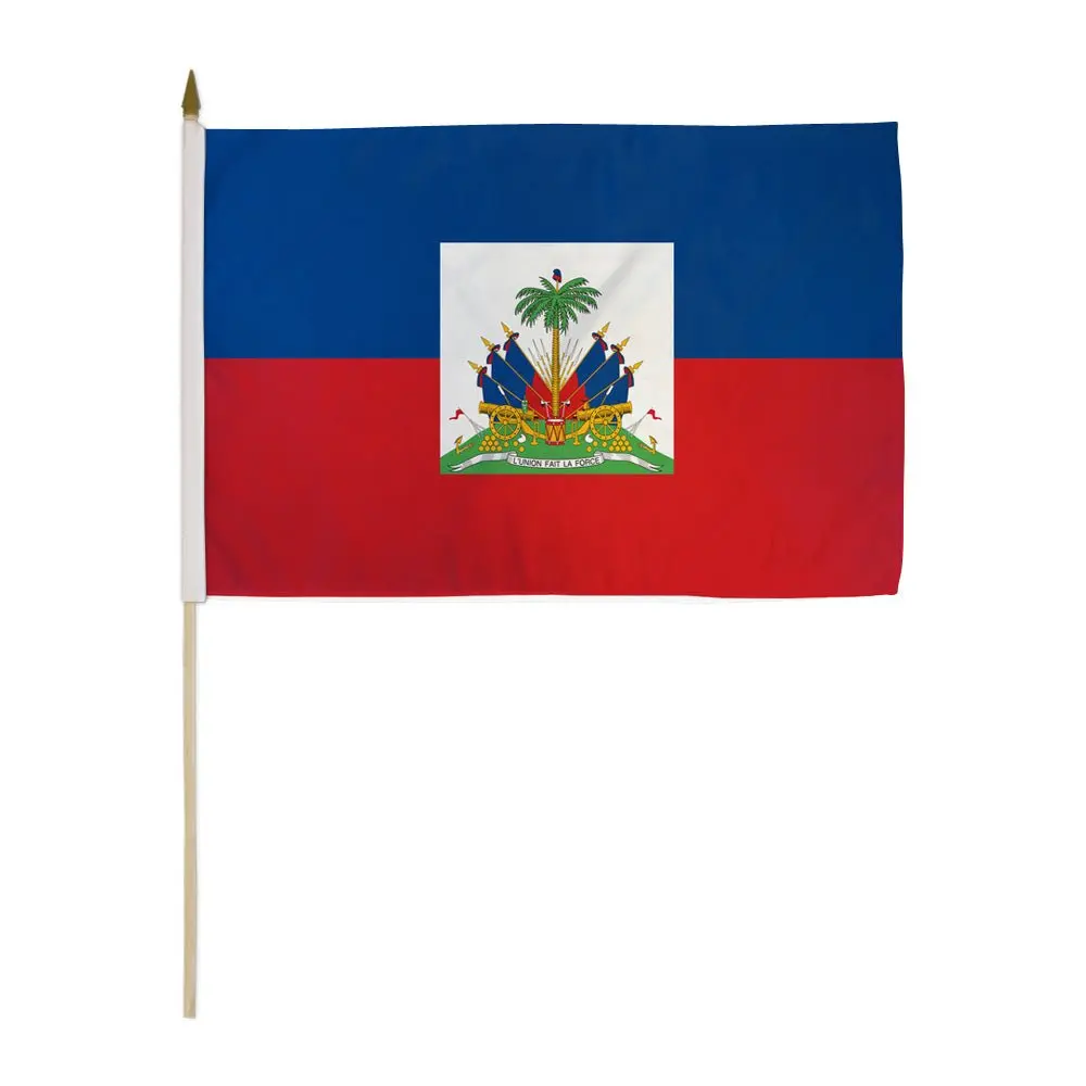 12x18in Haiti Printing Synthetic Plastic Stick Flag with Wooden Stick Accent, Standing Banner, Indoor Patriotic Home Decor, Festive Party Backdrop Supplies