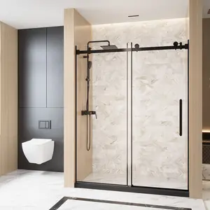 48" W x 76" H Frameless Single Sliding Shower Door, 1/4" (6mm) Clear Tempered Glass with Explosion Proof Film, Matte Black Stainless Steel Handle & Square Tube Track, Modern Sliding Bathroom Door