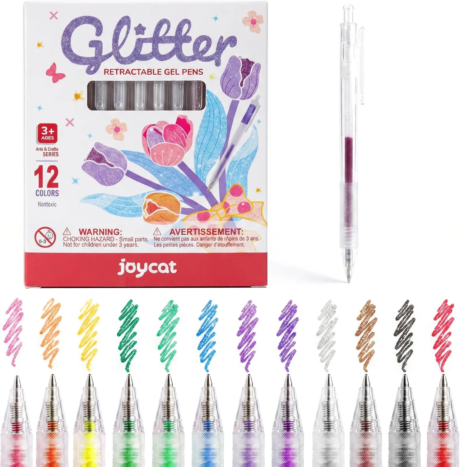 JoyCat Glitter Pens, 12-Color Retractable 0.8mm Fine Tip Set, Capless Click Design, Smooth Glitter Ink, DIY Swatch Labels for Coloring, Journaling (For Adults & Kids)