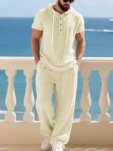 Men’s casual two-piece set for summer: lightweight, breathable hooded Henley short sleeves + elastic-waist long pants—versatile for vacations, beachwear, and everyday wear.