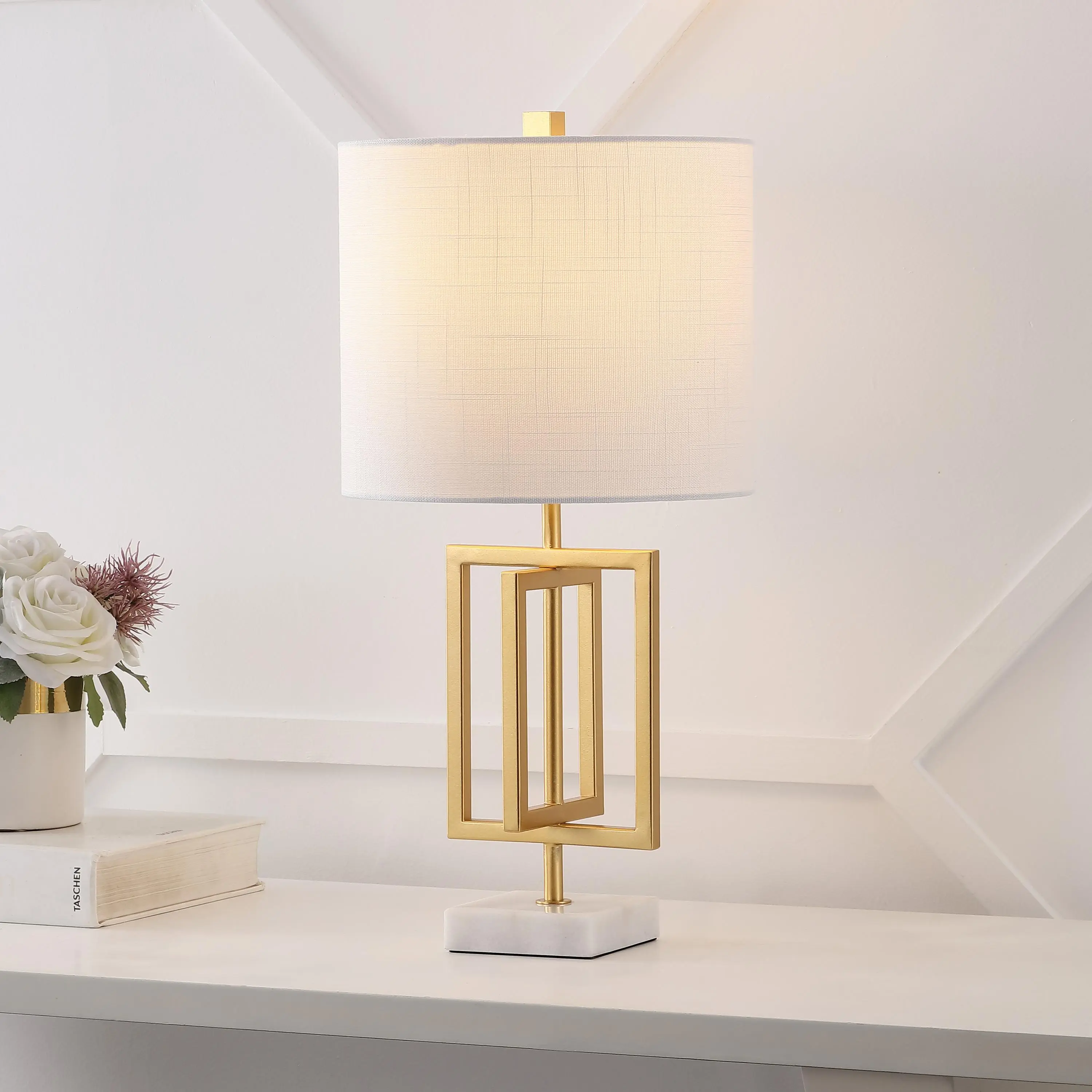 JONATHAN Y Anya Geometric Metal Marble Lamp 20.25" | Modern, Organic Interlocking Rectangular Design, White Linen Drum Shade, Bedside Nightstand Light, LED Edison Bulb Included