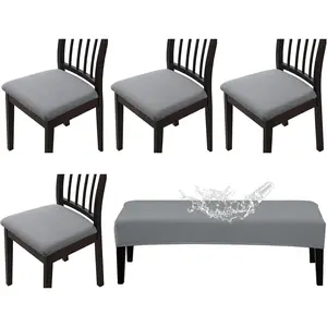 Waterproof Seat Covers for Dining Room Chairs Set of 4 with Stretch Bench Slipcover Chair Covers Removable Washable Chair Seat Cushion Protector(Light Gray, 5 PCS)