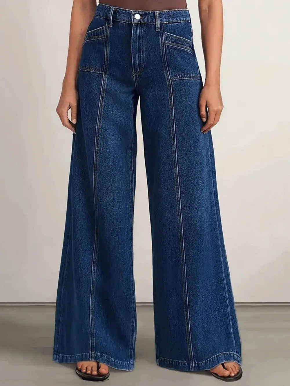 Women's High-Rise Panel-Seam Oversized Wide-Leg Linen Jeans - Basic Pockets Pants with Belt Loops, Hip Detail, Fits Vintage Casual Fashion Vibe