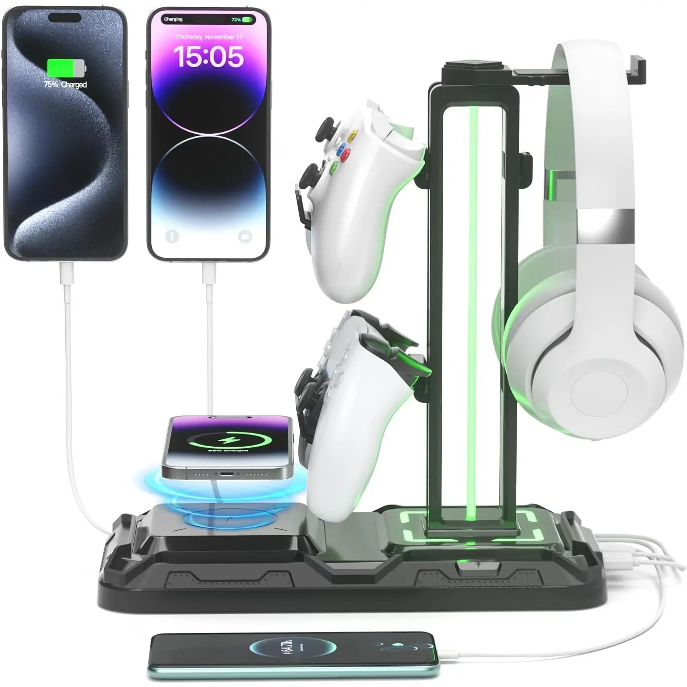 Headphone & Controller Stand with Wireless Charging - Rotatable Headset Stand with 9 Light Modes - Controller Holder with 2 USB and Type C Ports - for Gamers Desktop Accessories
