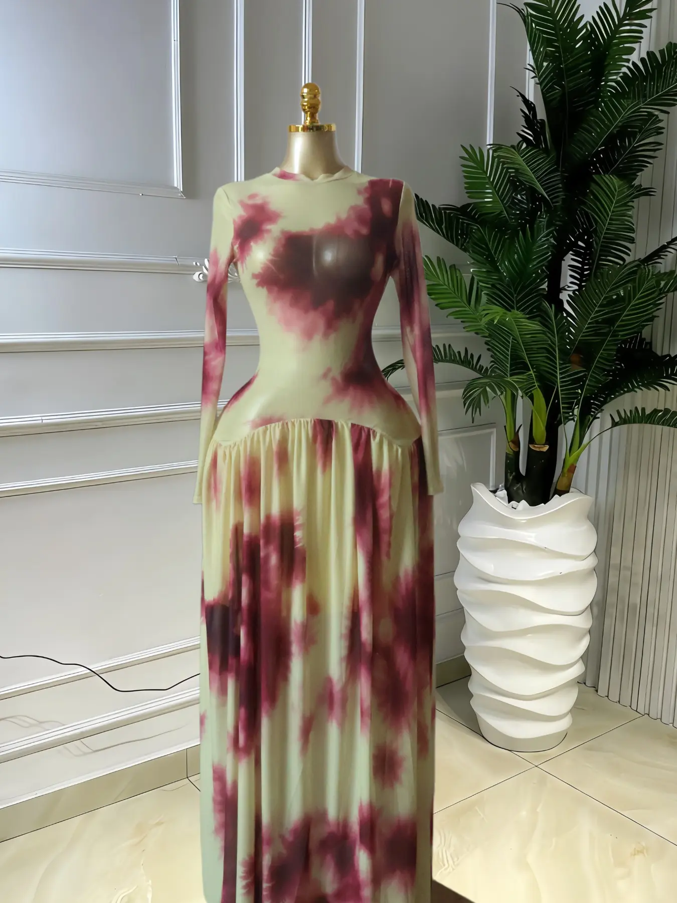PULKRITU Elegant Women Tie Dye Print O-Neck Long Sleeve Ruffled Maxi Formal  Prom Dress, Transparent