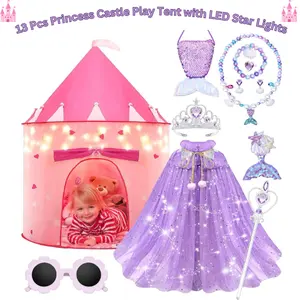 13 Pcs Princess Fairy Castle Play Tent with LED Star Lights – Pink Princess Castle Play Tent, Dress-Up Crown Set for Little Girls, Indoor & Outdoor Castle Playhouse Tent, Easter Gift