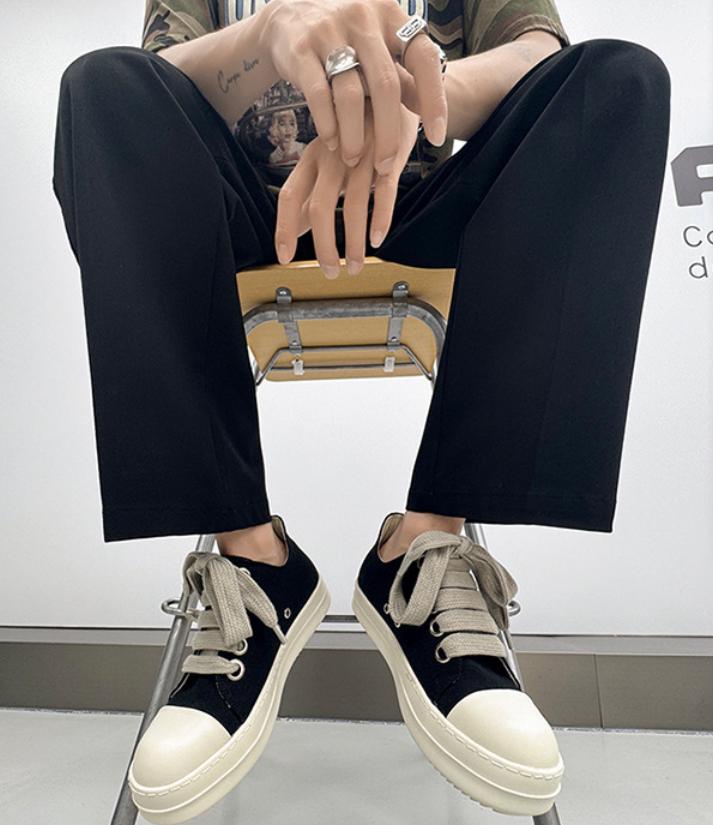 Men's Cleanfit Platform Sneakers Black & White Canvas Wide Laces Slim Leg Street Fashion