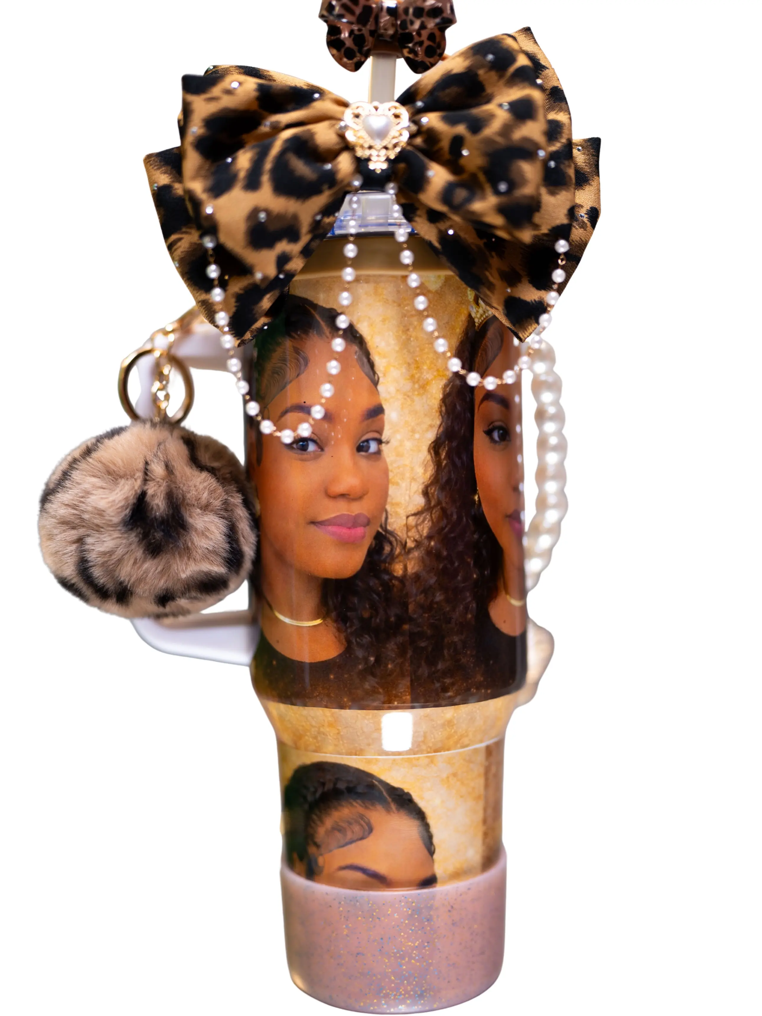 Custom 40oz Tumbler with Bow & Pearl Design – Personalized Insulated Travel Mug with Handle & Straw (Gift for Women)