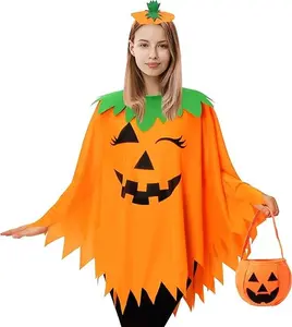 3 PCS Halloween Pumpkin Poncho for Women,Pumpkin Cape Costume with Headband and Candy Bag,Halloween Costume for Women