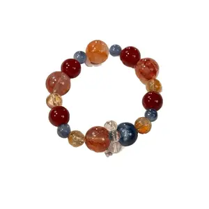Natural Yellow Topaz, Blue Quartz and Red Agate Crystal Bracelet