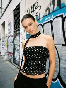 Blogger Same Style Dot Halter Tank Top, Mesh Sheer Ruched Waist Short Shirt, Y2K Style Slim Fit Casual Wear