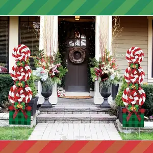 8pcs Christmas Candy Decorations, Red Plaid Bow Christmas Yard Signs with Plastic Stakes for Outdoor Lawn Party Decor