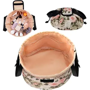 Barrel Drawstring Makeup Bag Large Travel Makeup Bag,Portable Large Capacity  Bag Toiletry Organizer for Travel Accessories Make Up Essentials and Hair Product, for Mother (Rose retro)