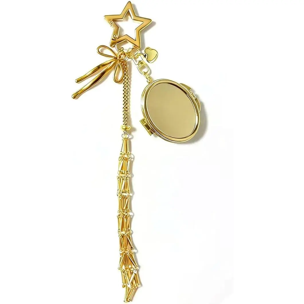 Whimsical Heart Locket Keychain for Women, Dainty Gold-Tone Purse Charm with Star Accent, Functional Photocard Holder with Long Tassel Accent, Locket Shape