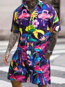 Men's Vibrant Floral Print Short Sleeve Shirt and Shorts Matching Set, Casual Summer Beachwear with Flamingo and Tropical Leaves, Fitted Polyester Fabric for All Seasons Outfit Clothes